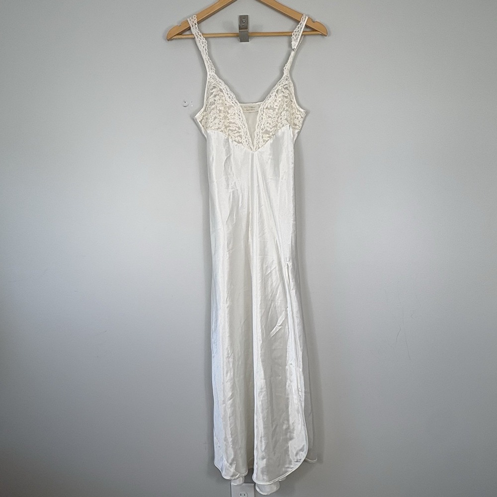 Vtg 80s Victoria's Secret Gold Label Satin Slip Dress Sz S Maxi Lace White
